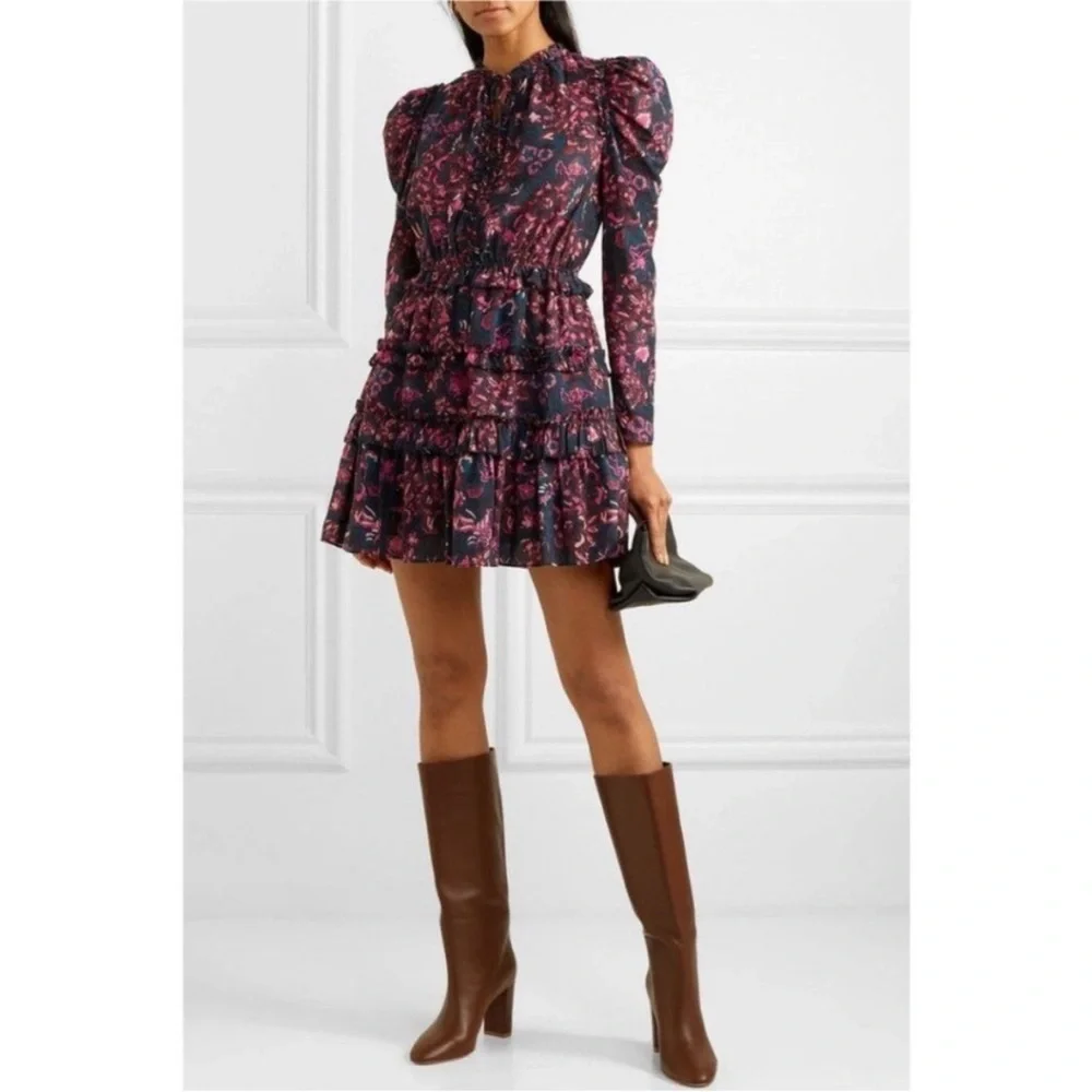 Ulla Johnson Prissa Mini Dress Size 2 Midnight‎ Floral Cotton Ruffle Puff Sleeve